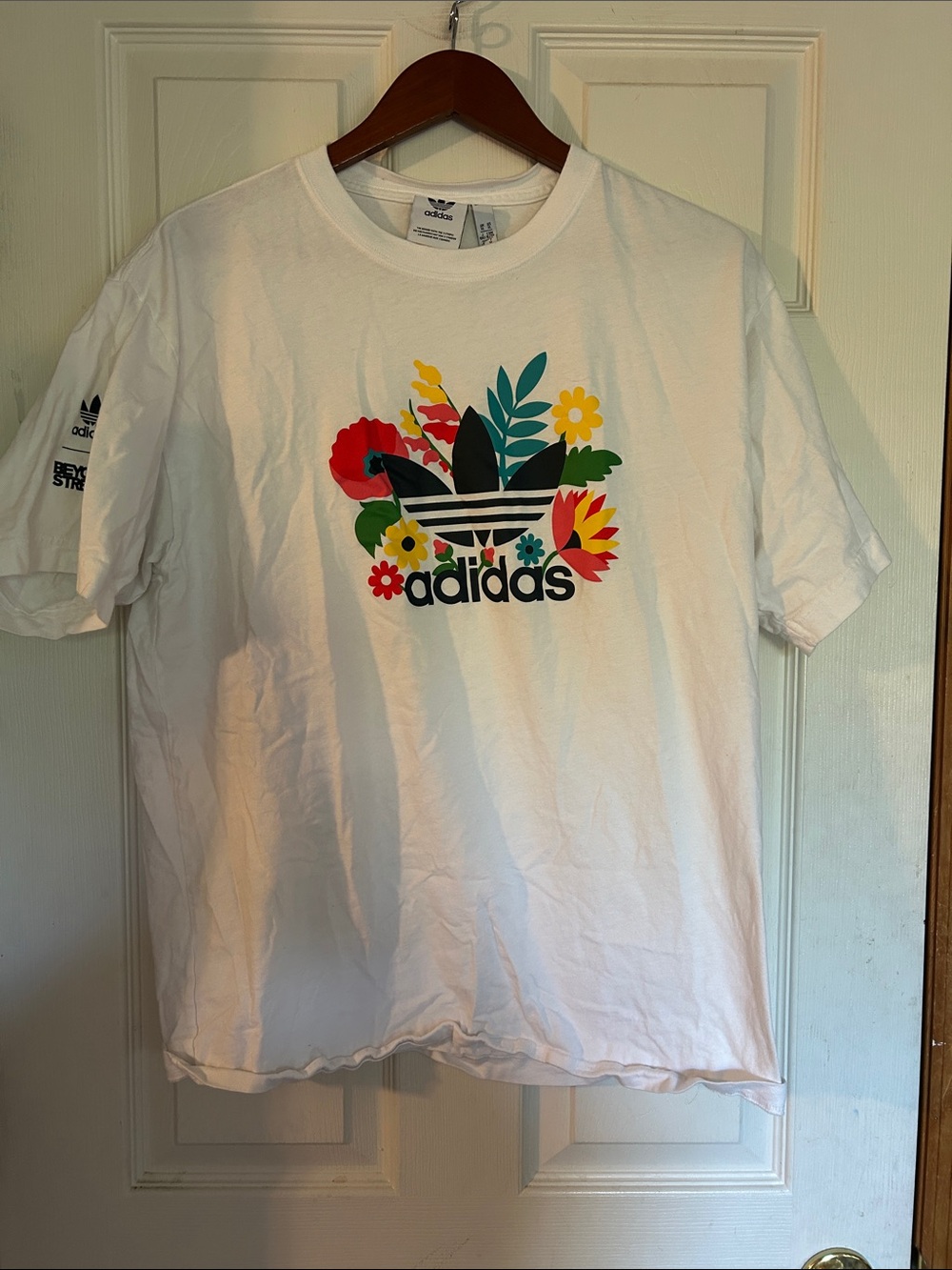 adidas White Tee with Colorful Floral Trefoil